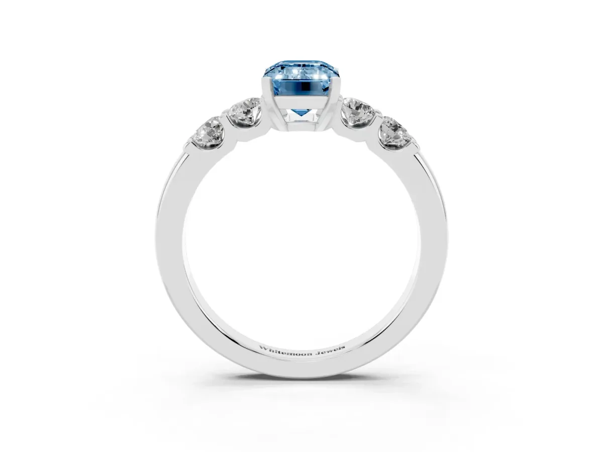 Fancy Blue Emerald Cut Brilliant Cut Diamond Five-Stone Prong Set Engagement Ring with Channel Band Silver