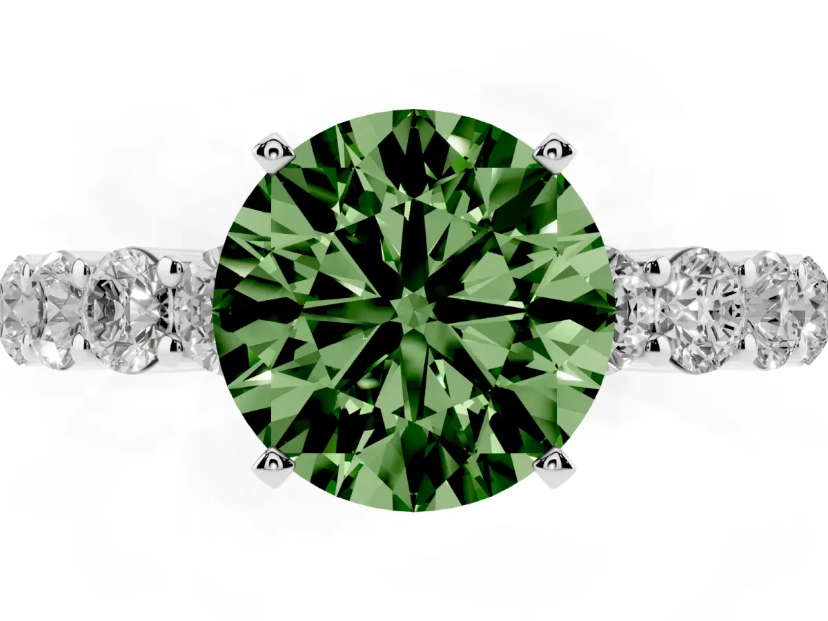 Fancy Green Round Cut Diamond Solitaire Ring with Shared Prong Round Side Stones Silver