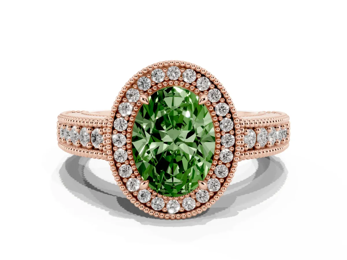 Fancy Green Oval Cut Cut Halo Diamond Ring with Pavé Band and Four-Prong Setting Rose gold