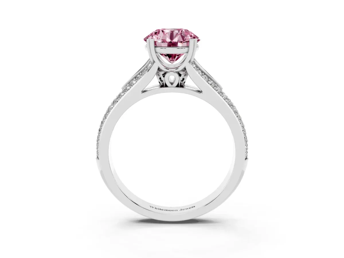 Fancy Pink Round Cut Diamond Split Shank Engagement Ring with Pavé Band Silver