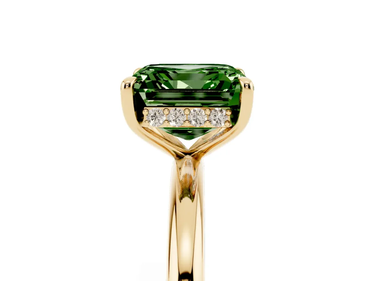 Fancy Green Asscher Cut Diamond Solitaire Ring with Thin Band and Four-Prong Setting Yellow gold