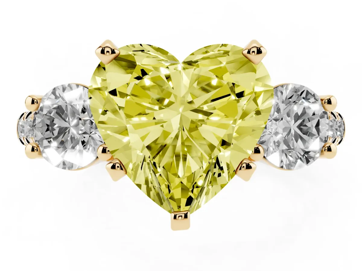 Fancy Yellow Three-Stone Heart Cut Diamond Pavé Band with Four-Prong Setting Yellow gold
