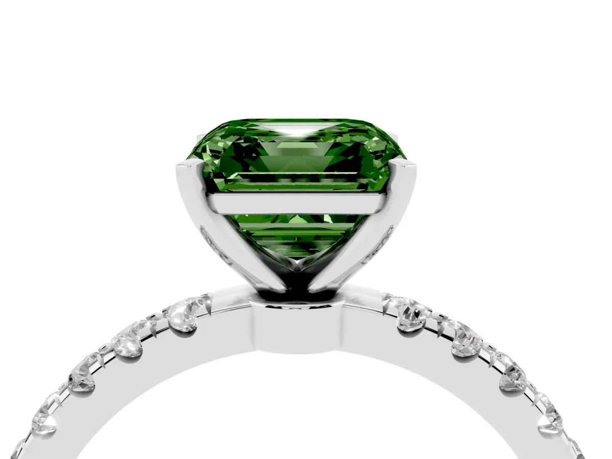 Fancy Green Asscher Cut Diamond Solitaire Ring with Pavé Accents and Four-Prong Setting Platinum