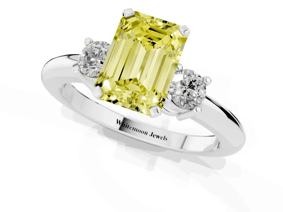 Fancy Yellow Three-Stone Emerald Cut Cut Diamond Solitaire with Prong Setting and Classic Band Silver