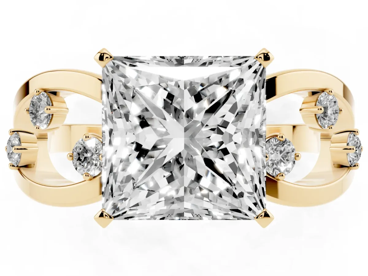 Princess Cut Cut Solitaire Diamond with Side Stones on Criss-Cross Band and Four-Prong Setting Yellow gold
