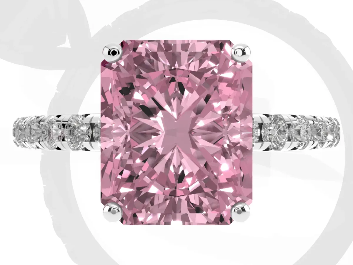Fancy Pink Radiant Cut Cut Diamond Solitaire Ring with Micro Pave Band and Four Prong Setting Platinum