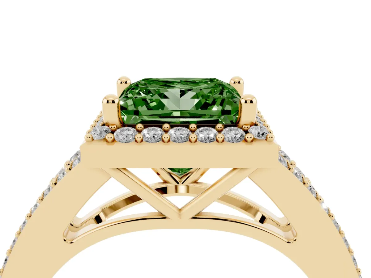 Fancy Green Princess Cut Halo Split Shank Pave Diamond Ring with Four-Prong Setting Yellow gold