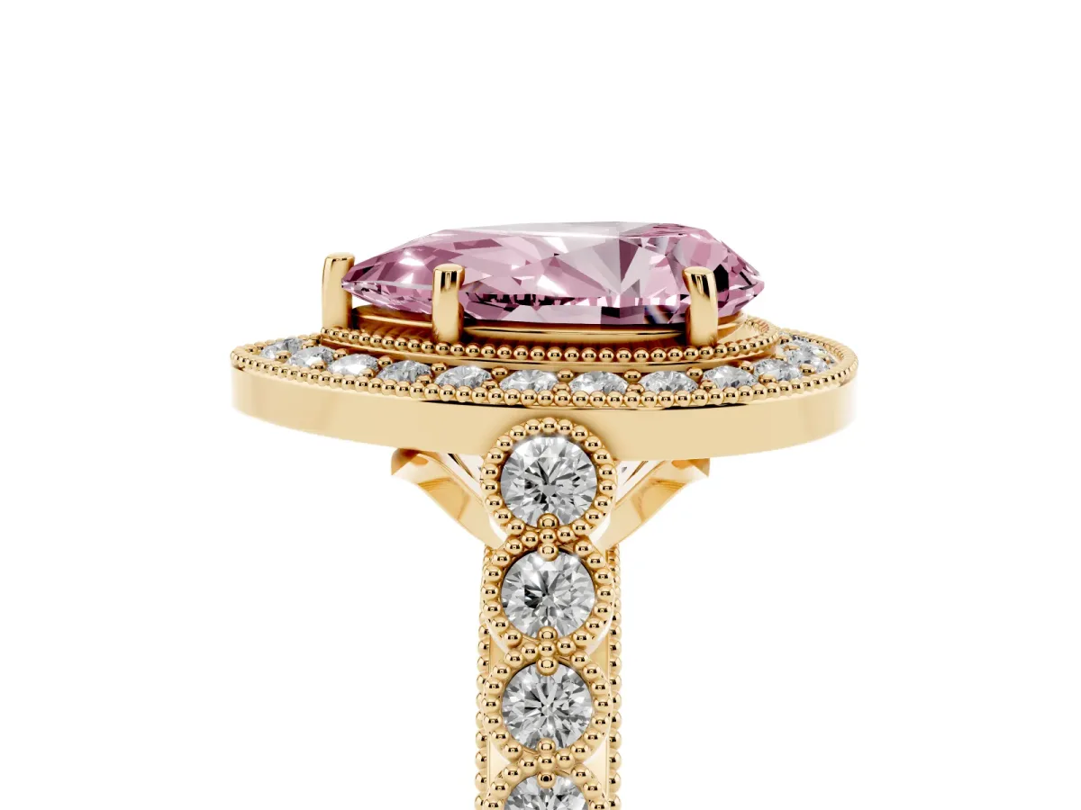 Fancy Pink Pear Cut Halo Twist Band Solitaire Ring with Six-Prong Setting Yellow gold