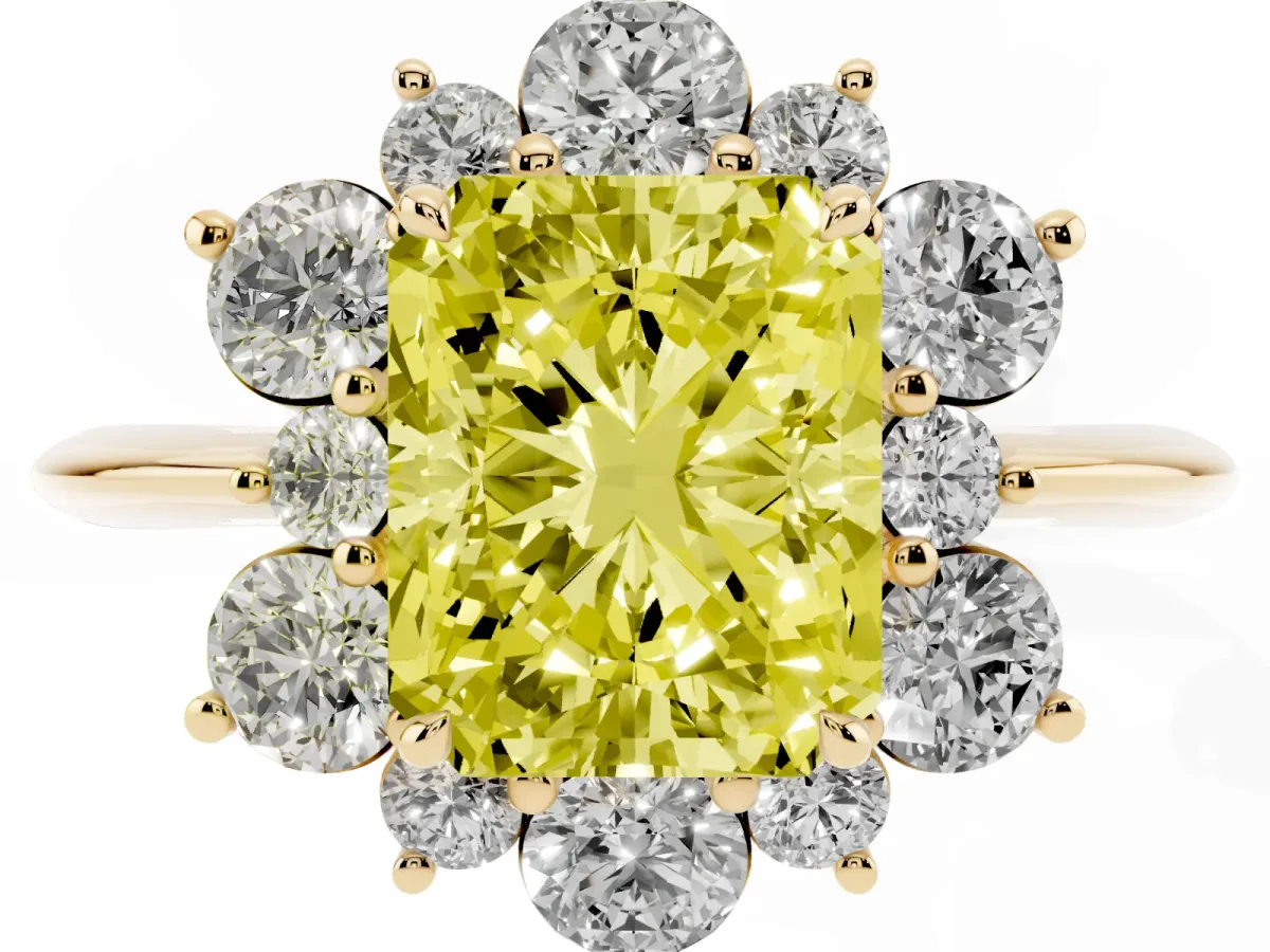 Fancy Yellow Radiant Cut Diamond Cluster Halo Ring with Solitaire Band and Four-Prong Setting Yellow gold