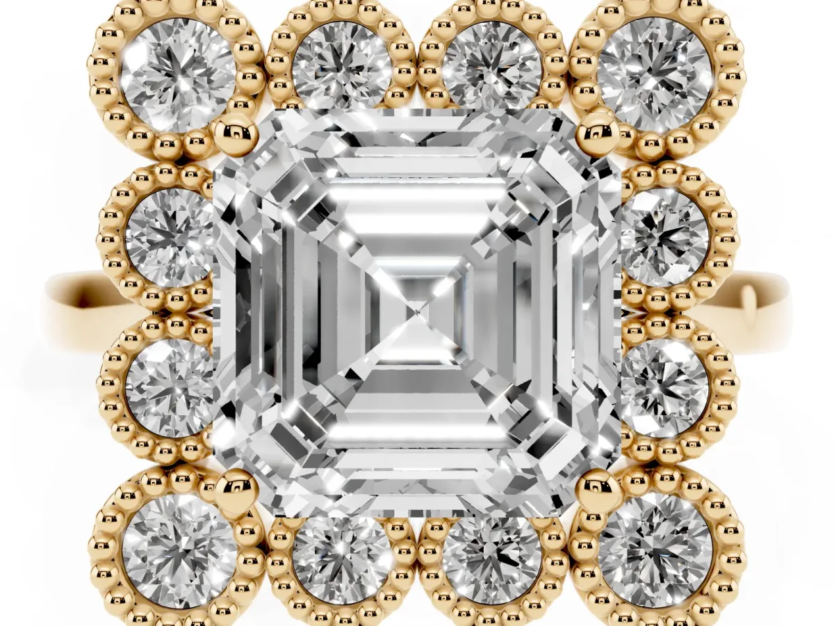 Asscher Cut Halo Diamond Cluster Engagement Ring with Milgrain Bezel Setting and Solitaire Band Yellow gold