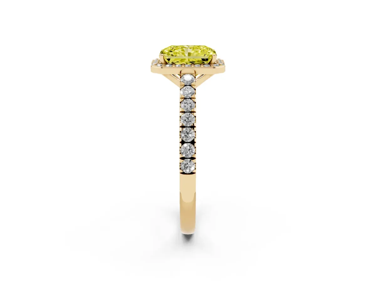 Fancy Yellow Radiant Cut Cut Halo Diamond Engagement Ring with Pave Band and Four-Prong Setting Yellow gold
