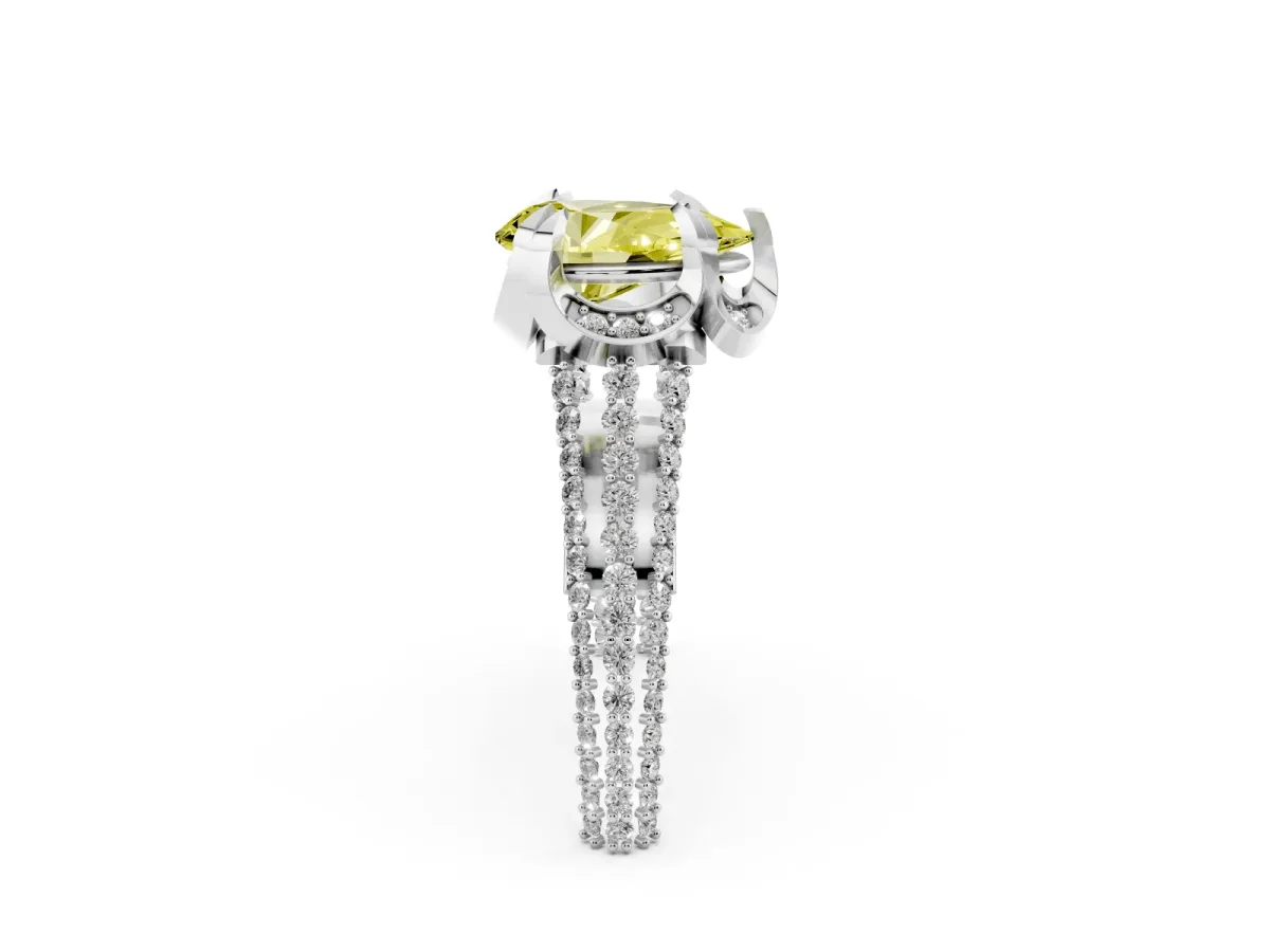 Fancy Yellow Pear Cut Solitaire Pave Split Shank Ring with Four-Prong Setting Silver