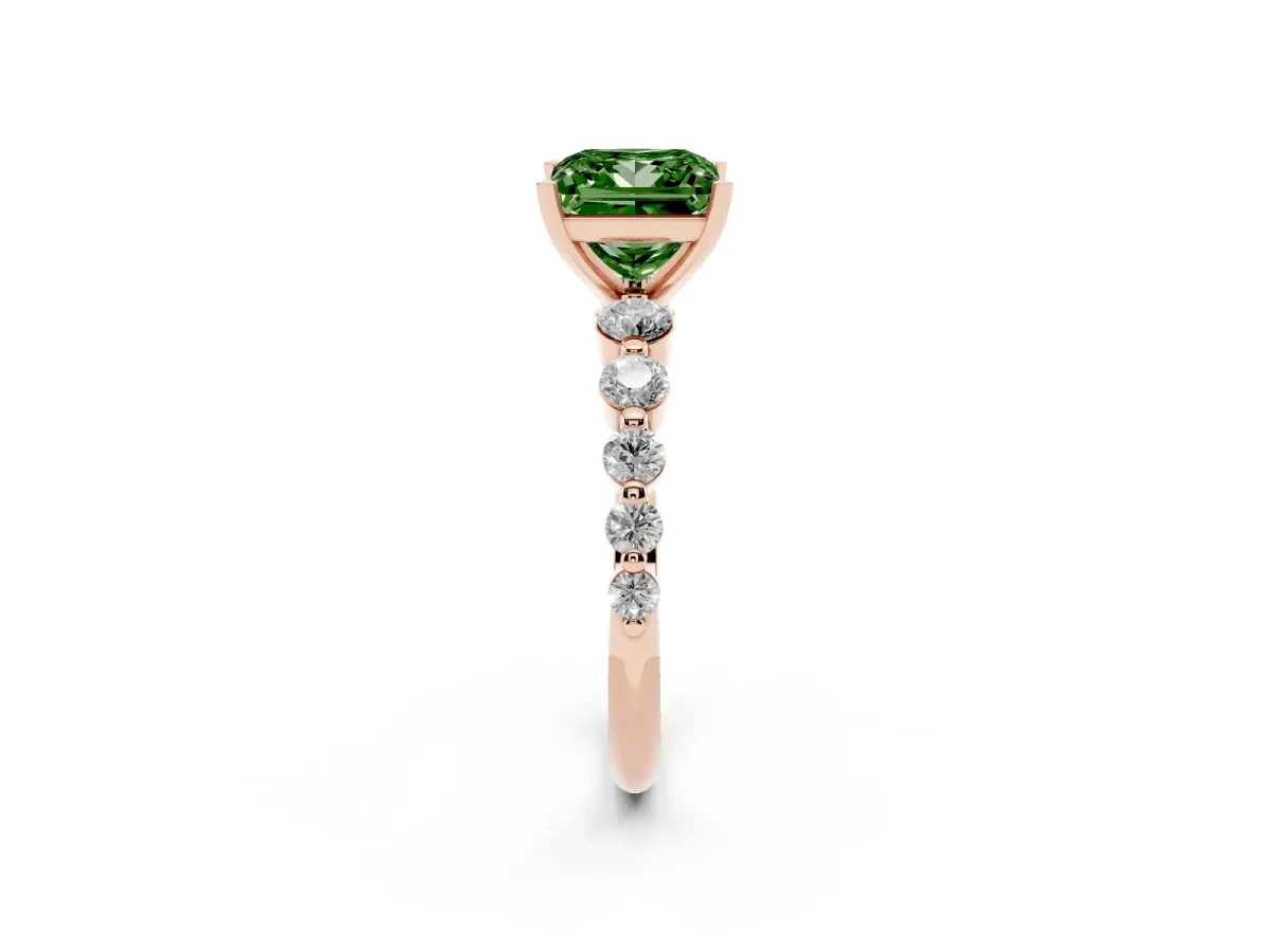 Fancy Green Princess Cut Solitaire Diamond Ring with Pave Band and Four-Prong Setting Rose gold