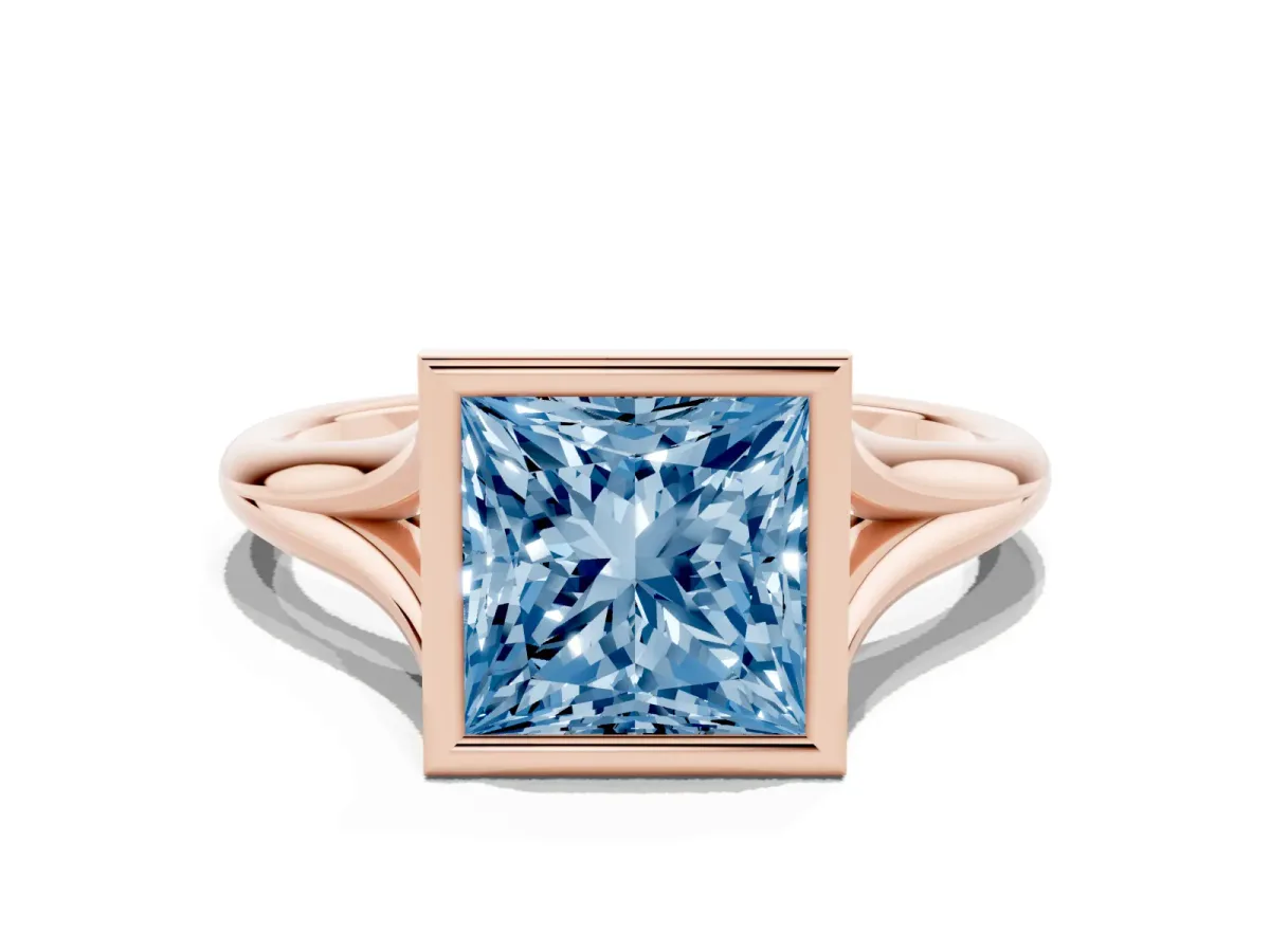 Fancy Blue Bezel Set Princess Cut Cut Solitaire Ring with Tapered Band Rose gold