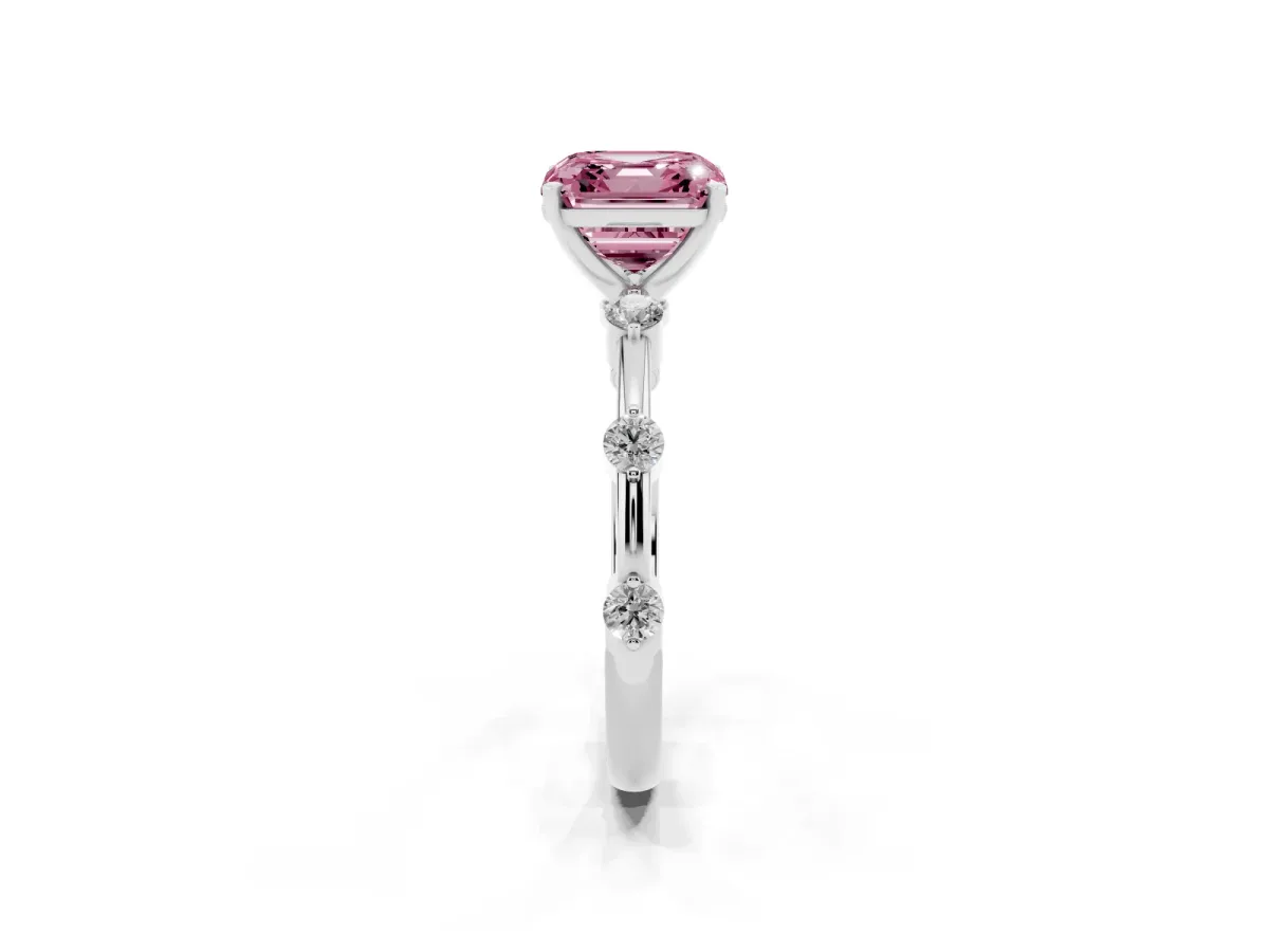 Fancy Pink Asscher Cut Solitaire Diamond Ring with Bezel Set Side Stones and Prong Setting Silver