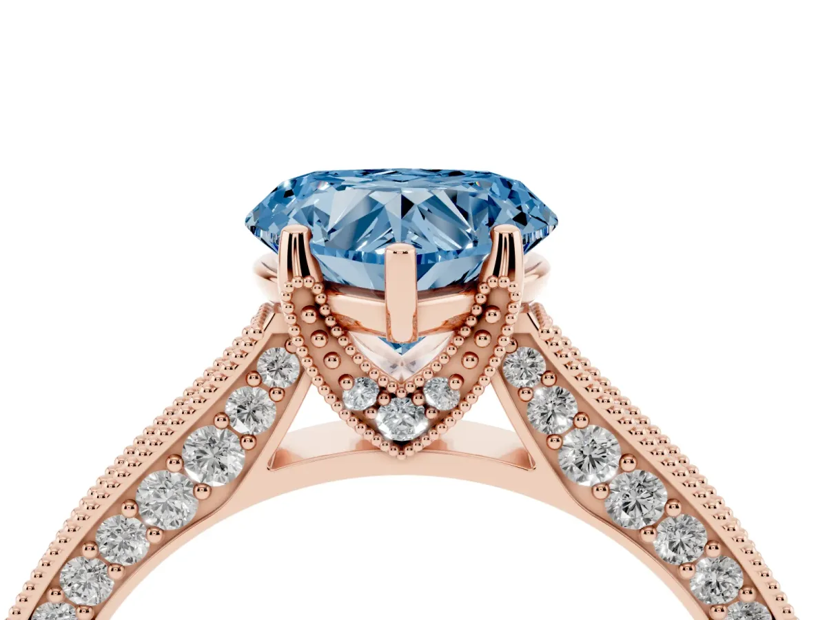 Fancy Blue Heart Cut Cut Diamond Solitaire Ring with Milgrain Pave Band and Four Prong Setting Rose gold