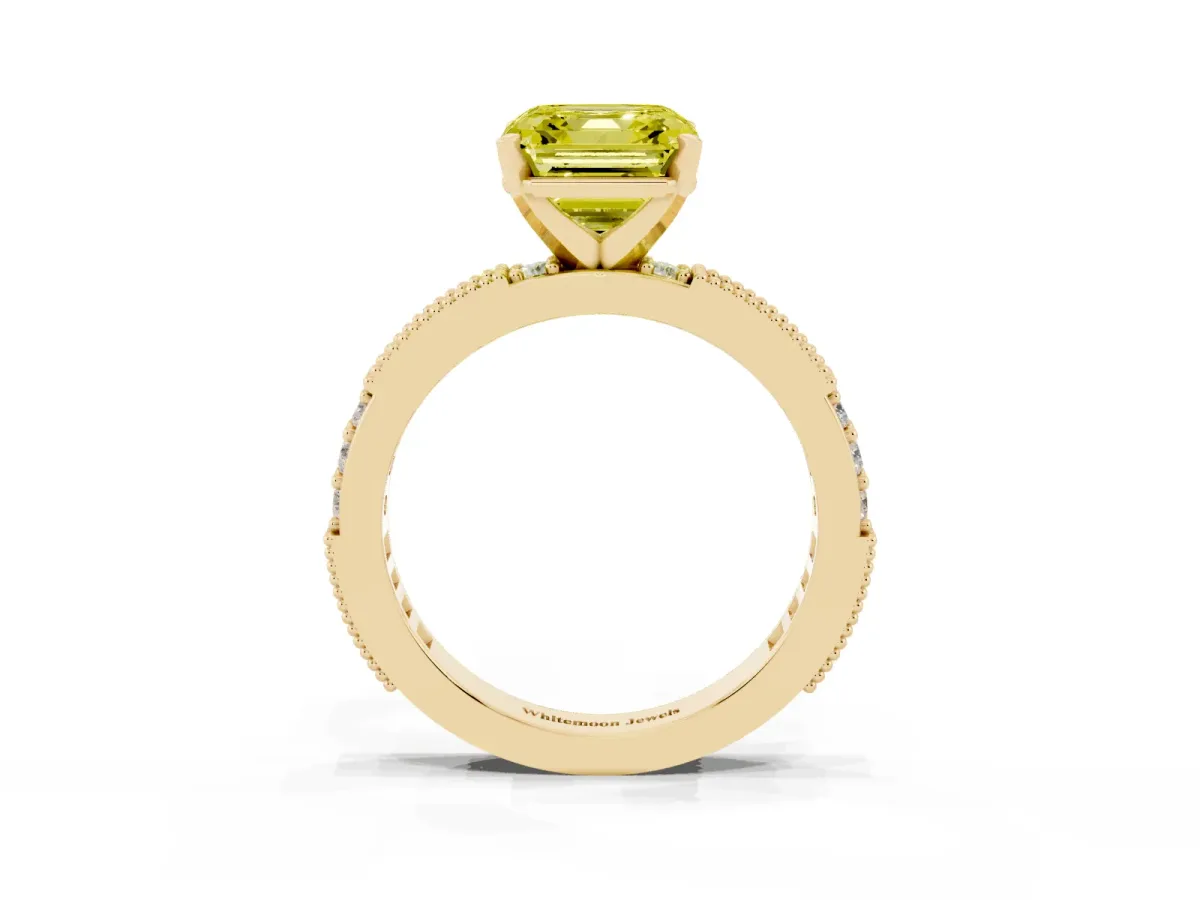 Fancy Yellow Asscher Cut Solitaire with Pavé Band and Four-Prong Setting Yellow gold