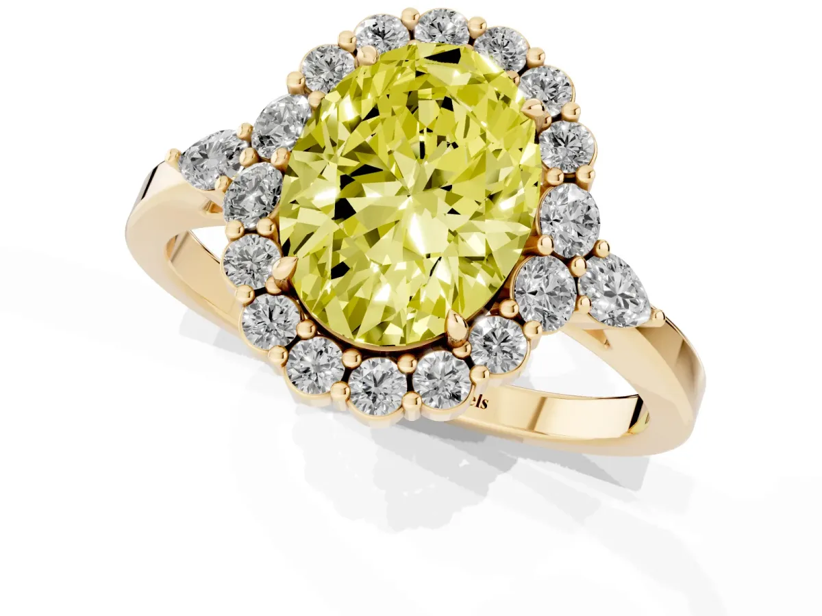 Fancy Yellow Oval Cut Diamond Halo Ring with Pear Side Stones and Prong Setting Yellow gold
