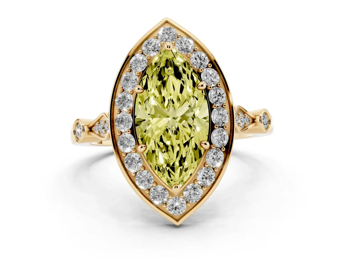 Fancy Yellow Marquise Cut Halo Diamond Engagement Ring with Twisted Band and Four-Prong Setting Yellow gold