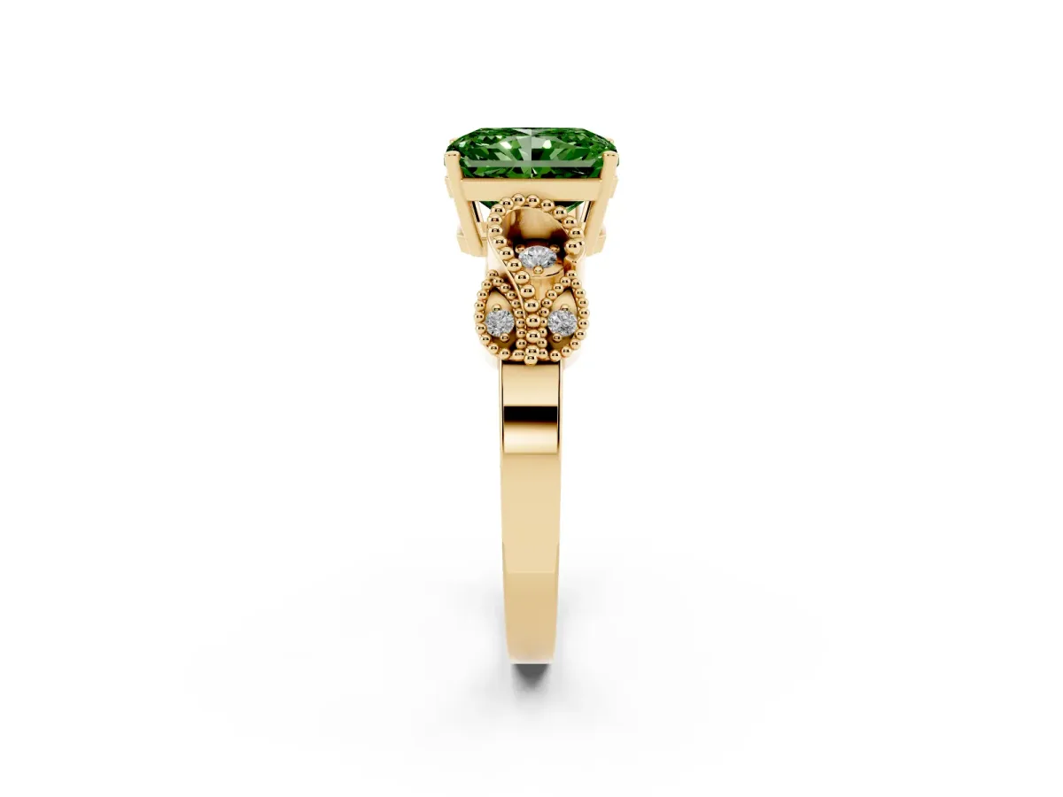 Fancy Green Radiant Cut Solitaire Milgrain Leaf Band with Prong Setting Yellow gold