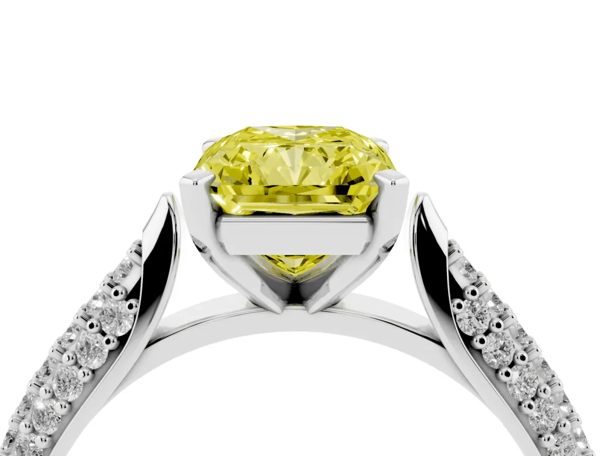 Fancy Yellow Radiant Cut Diamond Solitaire Engagement Ring with Multi-Row Round Pavé Band and Prong Setting Silver