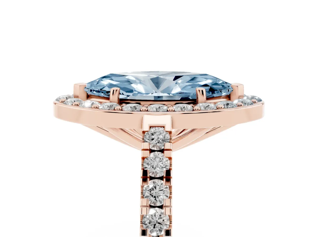 Fancy Blue Marquise Cut Diamond Halo Ring with Round Pavé Split Shank and Prong Setting Rose gold