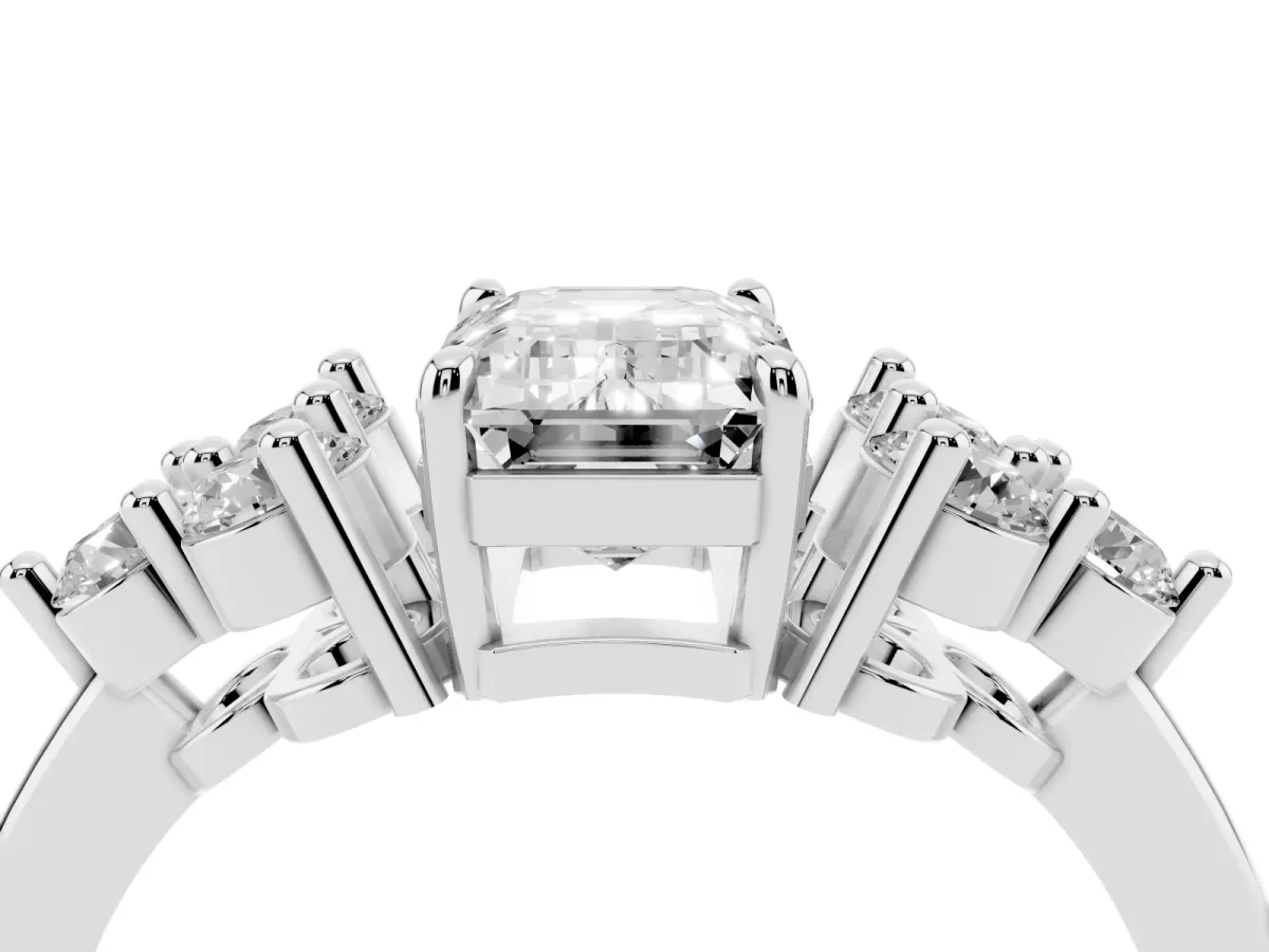 Emerald Cut Brilliant Diamond Cluster Accent Solitaire Ring with Prong Setting Silver
