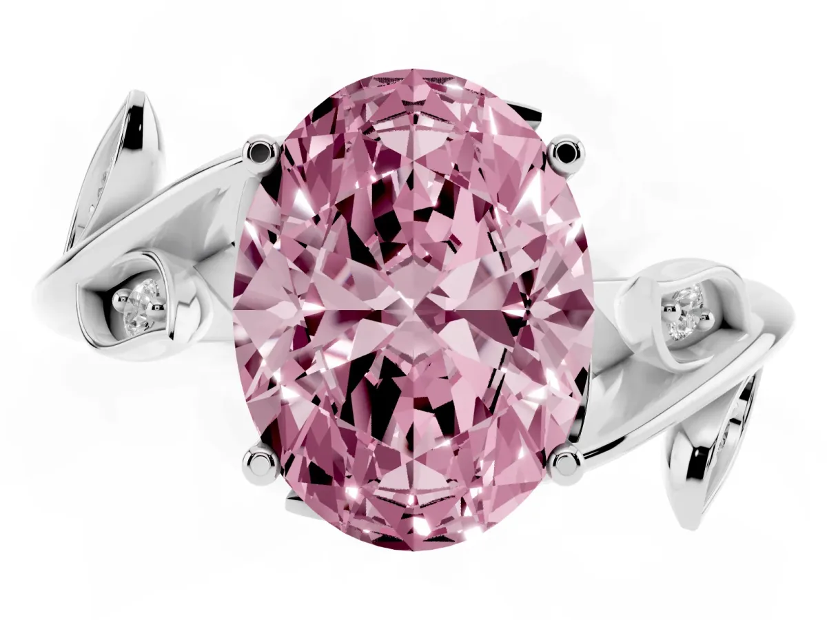 Fancy Pink Oval Cut Solitaire Twist Engagement Ring with Leaf Accents and Prong Setting Silver