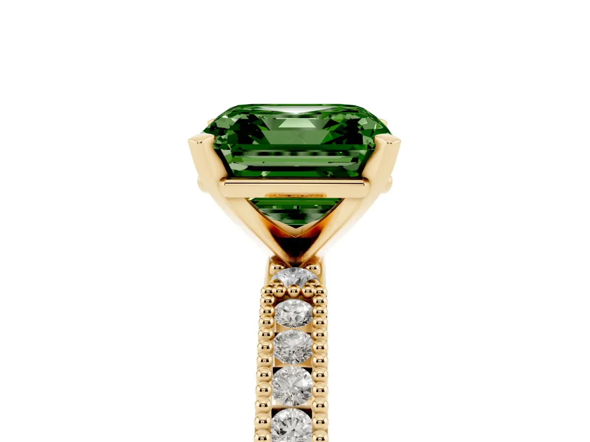 Fancy Green Asscher Cut Solitaire with Pavé Band and Four-Prong Setting Yellow gold