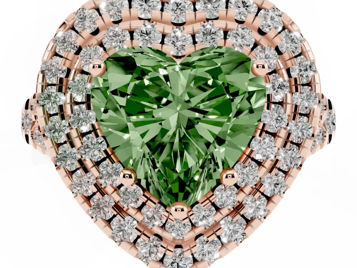 Fancy Green Double Halo Heart Cut Diamond Pavé Split Shank Ring with Prong Setting Rose gold