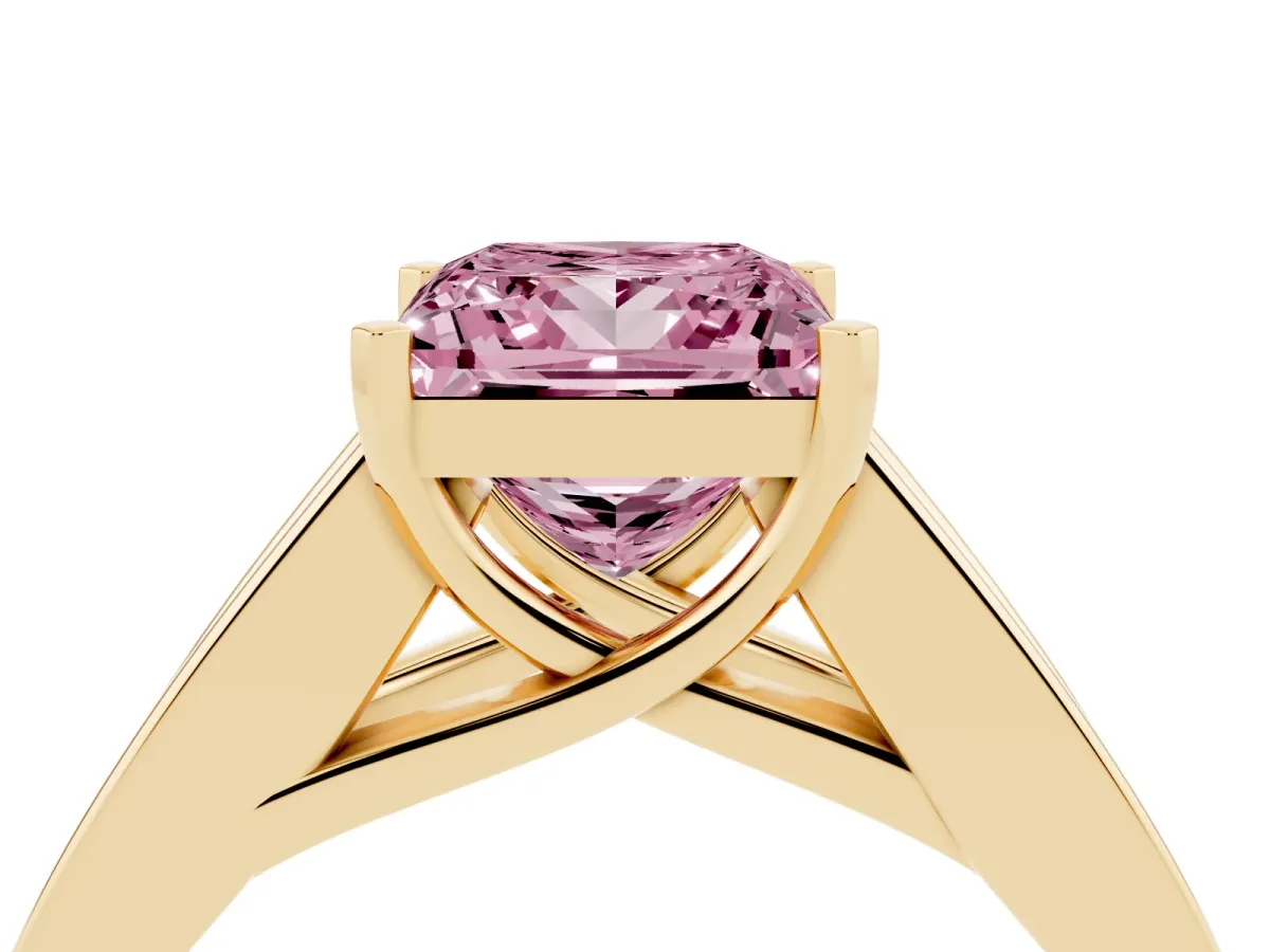 Fancy Pink Princess Cut Cut Channel Set Solitaire Ring with Four-Prong Setting Yellow gold