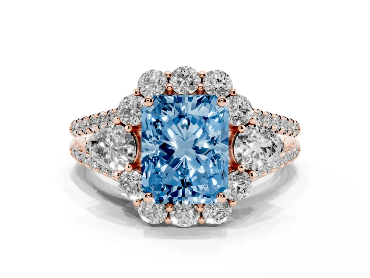 Fancy Blue Radiant Cut Halo Split Shank Diamond Engagement Ring with Prong Setting Rose gold