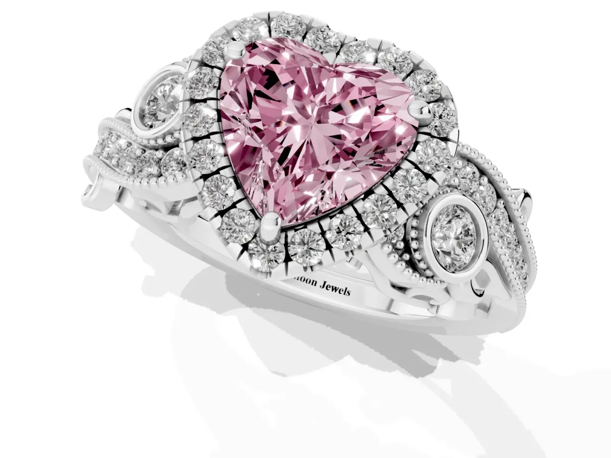 Fancy Pink Heart Cut Diamond Halo Ring with Milgrain Pavé Band and Four-Prong Setting Platinum