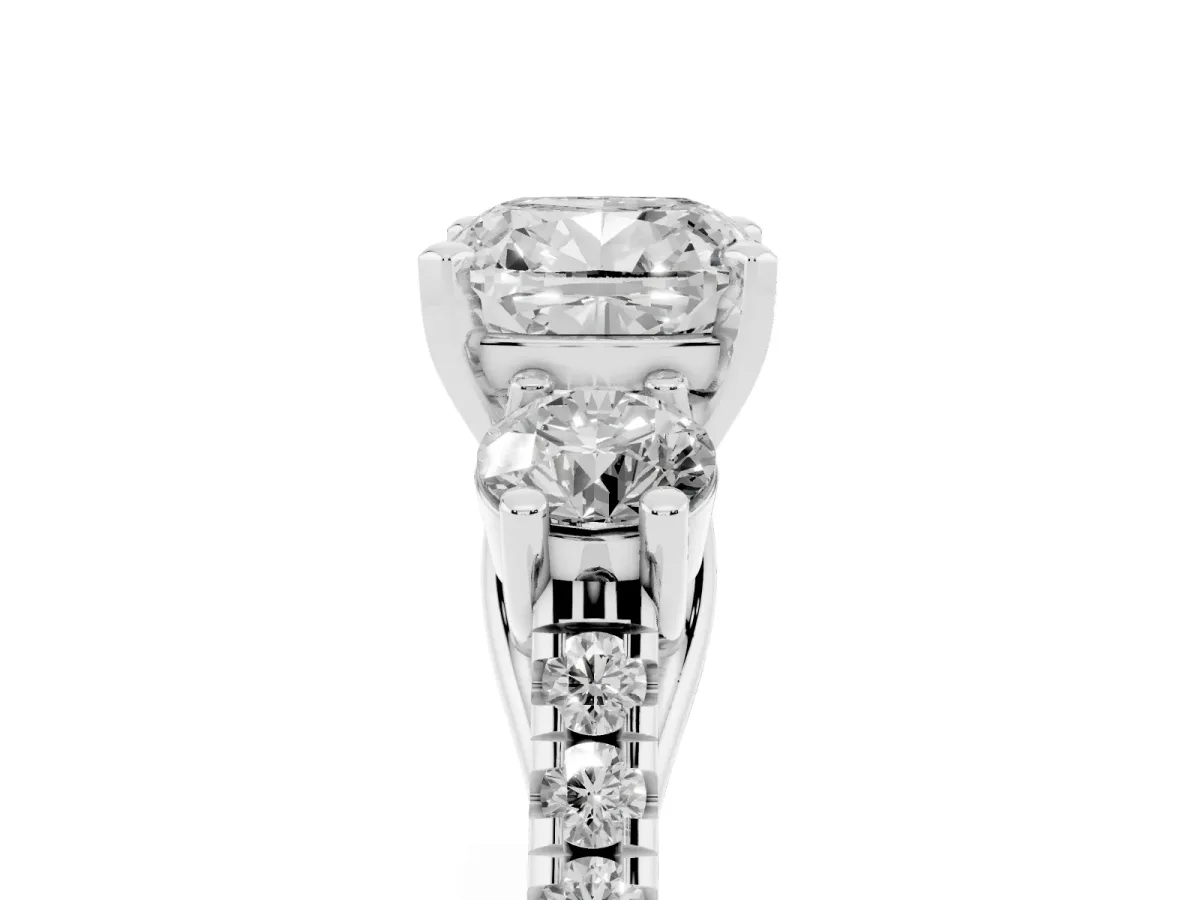Three-Stone Cushion Cut Diamond Pavé Band with Four-Prong Setting Silver