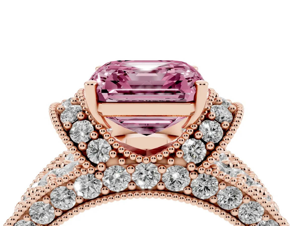 Fancy Pink Asscher Cut Halo Pave Diamond Engagement Ring with Milgrain Detailing Rose gold