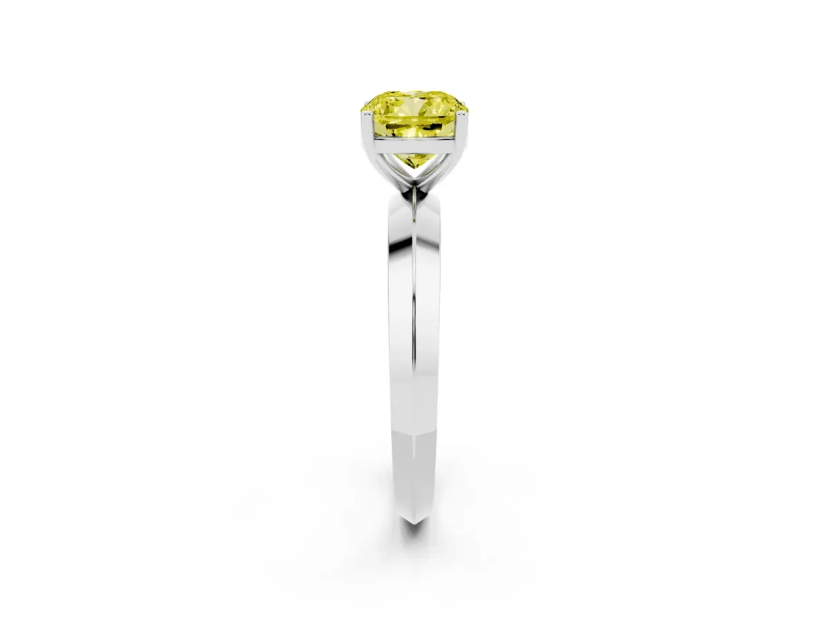 Fancy Yellow Cushion Cut Cut Solitaire Engagement Ring with Flat Band and Four-Prong Setting Platinum