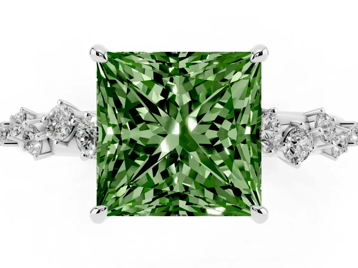 Fancy Green Princess Cut Diamond Cluster Prong-Set Solitaire Ring Silver