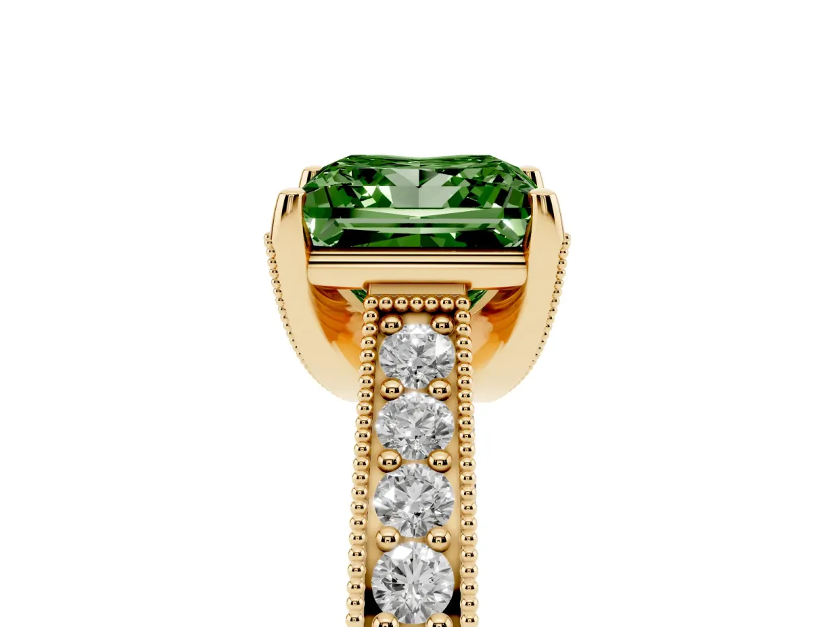 Fancy Green Princess Cut Cut Diamond Solitaire Ring with Milgrain Pave Band and Four Prong Setting Yellow gold