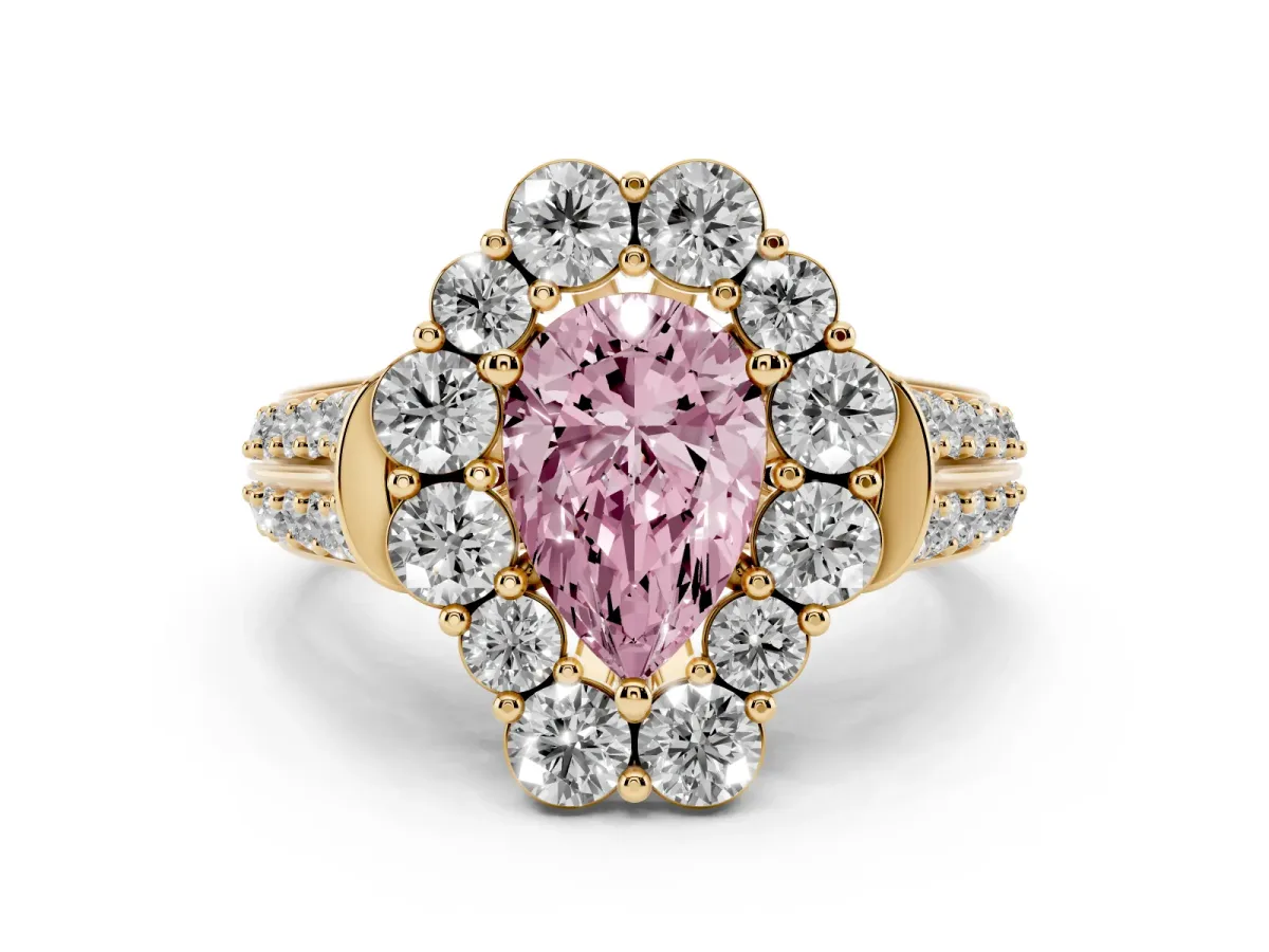 Fancy Pink Pear Cut Halo Diamond Engagement Ring with Split Shank and Prong Setting Yellow gold