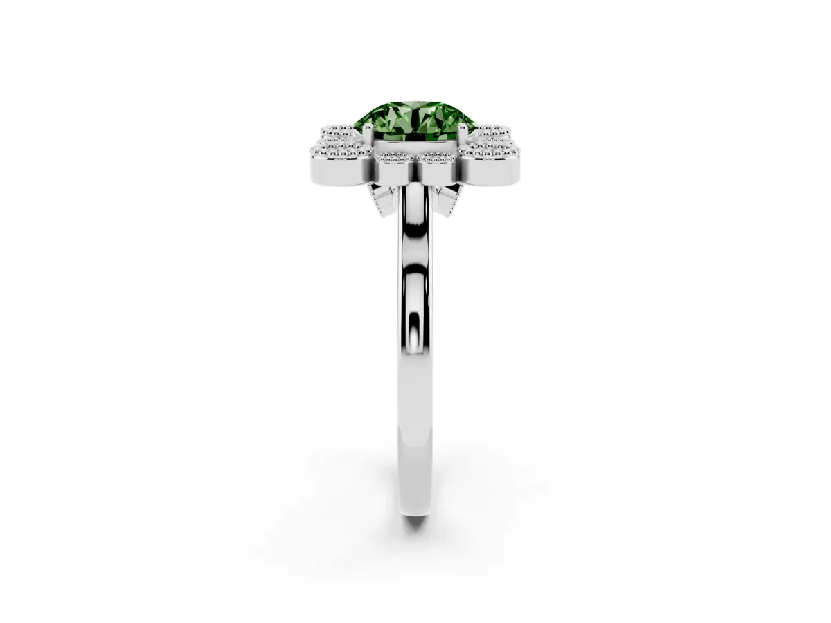 Fancy Green Round Cut Halo Diamond Cluster Engagement Ring with Milgrain Bezel Setting and Solitaire Band Silver