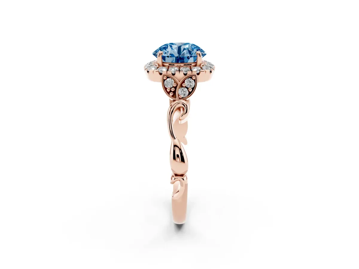 Fancy Blue Round Cut Halo Diamond Engagement Ring with Vintage-Inspired Band and Four-Prong Setting Rose gold