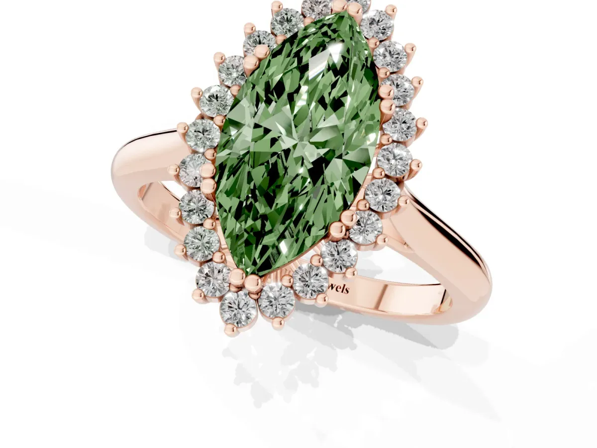 Fancy Green Marquise Cut Cut Diamond Halo Ring with Solitaire Band and Prong Setting Rose gold