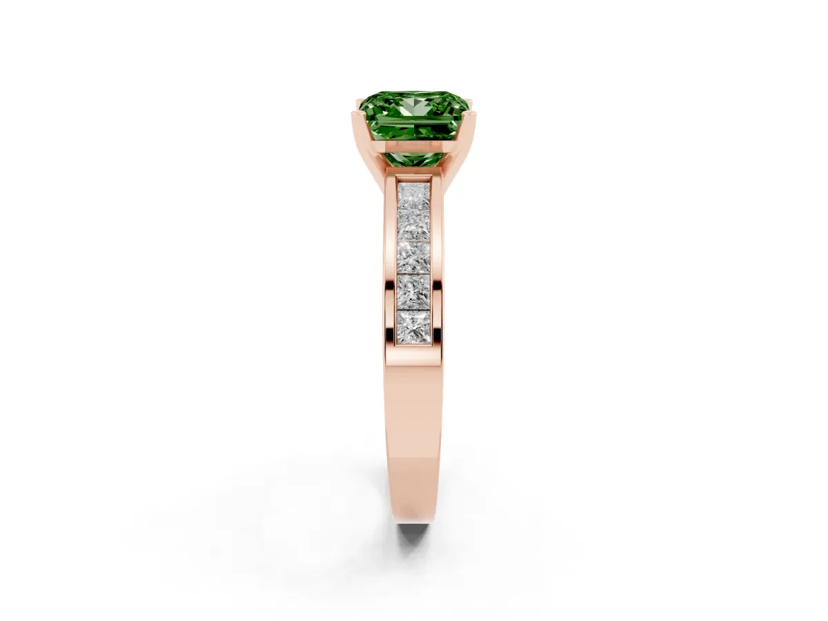 Fancy Green Princess Cut Solitaire Diamond Ring with Channel-Set Band and Four-Prong Setting Rose gold
