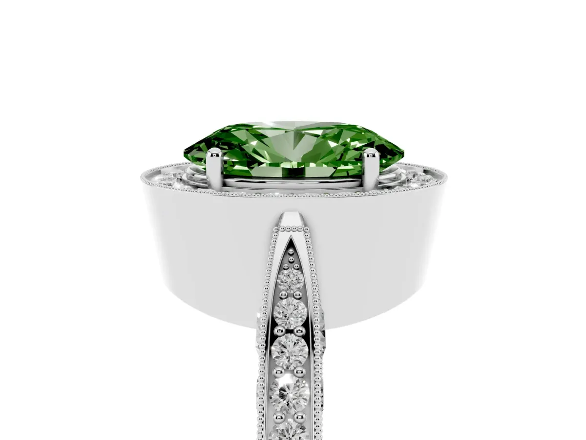 Fancy Green Oval Cut Halo Diamond Engagement Ring with Split Shank Band and Four-Prong Setting Silver