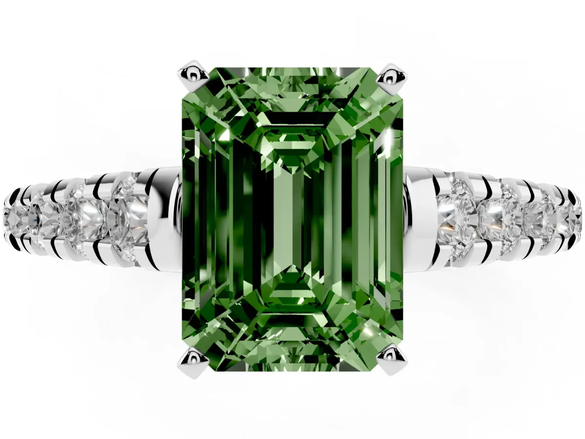 Fancy Green Emerald Cut Diamond Cathedral Solitaire Ring with Round Pavé Band Platinum