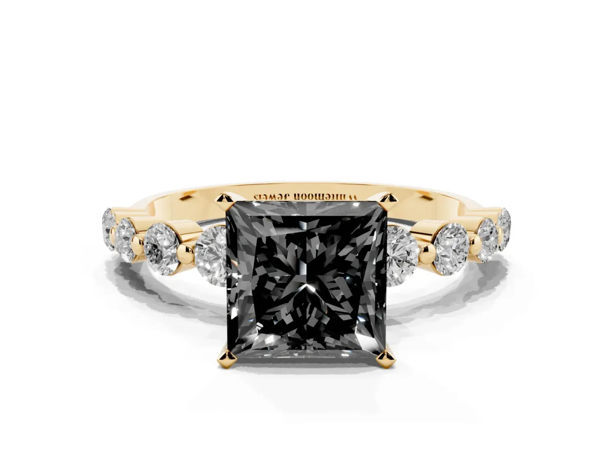 Fancy Black Princess Cut Solitaire Diamond Ring with Pave Band and Four-Prong Setting Yellow gold