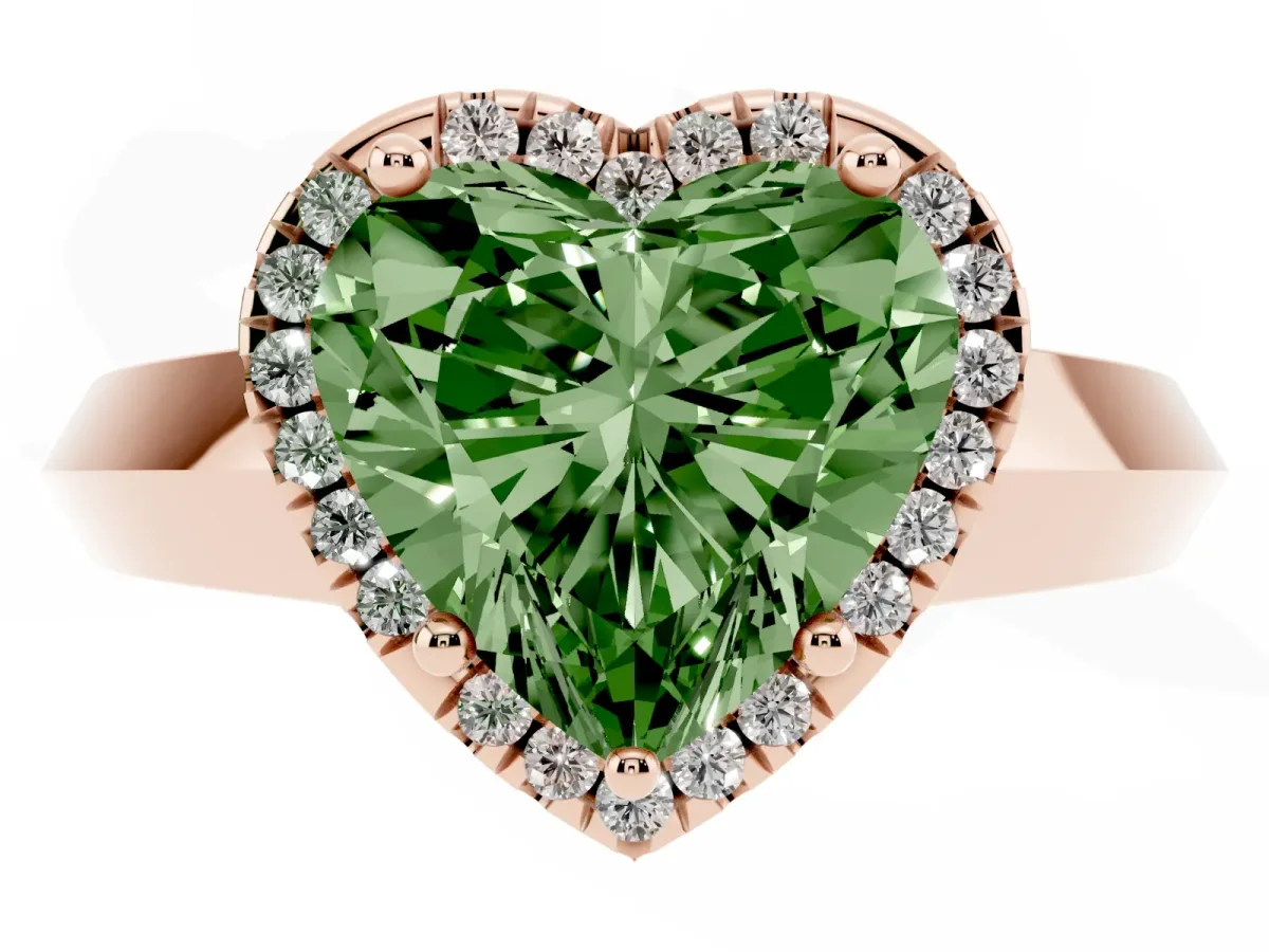 Fancy Green Heart Cut Halo Diamond Ring with Cathedral Band and Four-Prong Setting Rose gold
