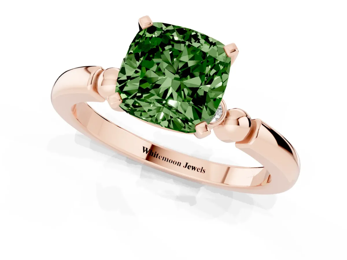 Fancy Green Cushion Cut Solitaire Beaded Band with Four-Prong Setting Rose gold