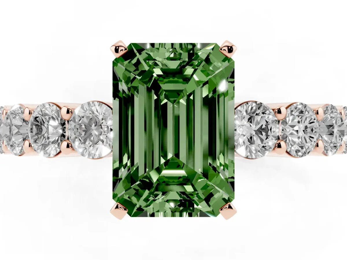 Fancy Green Emerald Cut Diamond Solitaire Ring with Shared Prong Round Side Stones Rose gold
