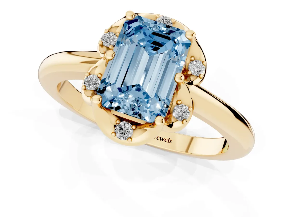 Fancy Blue Emerald Cut Halo Diamond Ring with Round Cluster Setting, Solitaire Band, and Four-Prong Setting Yellow gold